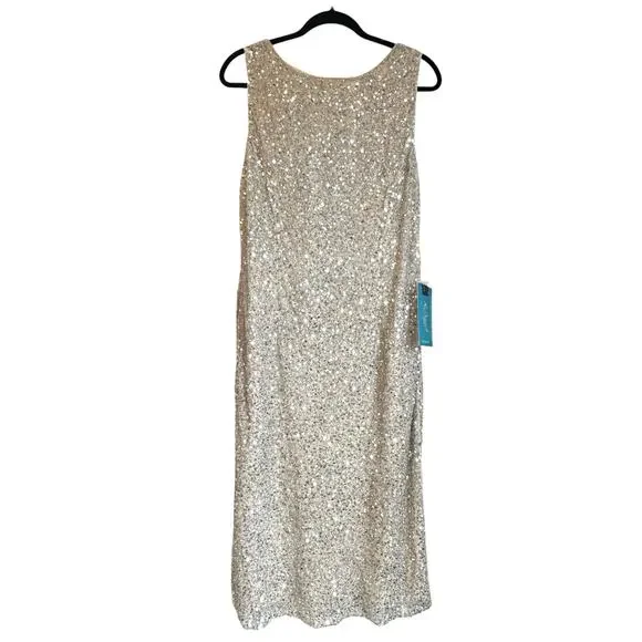Mac Duggal Sleeveless Sequined Midi Sheath Dress Silver/Nude Size 14 NWT